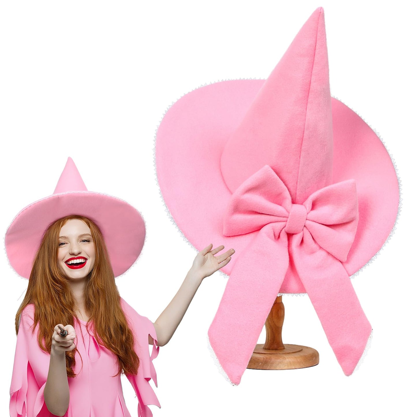 Jamntower Pink Bow Witch Hat Accessories Halloween Coquette Wool Felt Witch Hat for Women Cosplay Masquerade Party Supplies