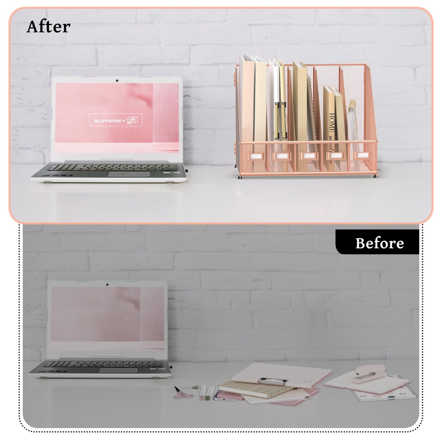 SUPEASY Desk Organizers Metal Desk Magazine File Holder with 5 Vertical Compartments Rack File Organizer for Office Desktop, Home Workspace, Rose Gold