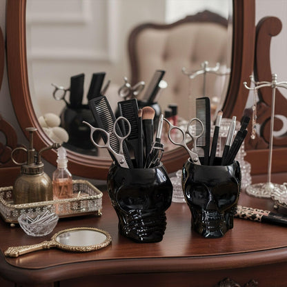 Set of 2 Gothic Home Decor, See No Evil Speak No Evil Skeleton Makeup Brush Holder, Black Skull Pen Holder & Succulent Planter - Cool Desk Accessories for Men & Women, Spooky Halloween Room Decor Gift