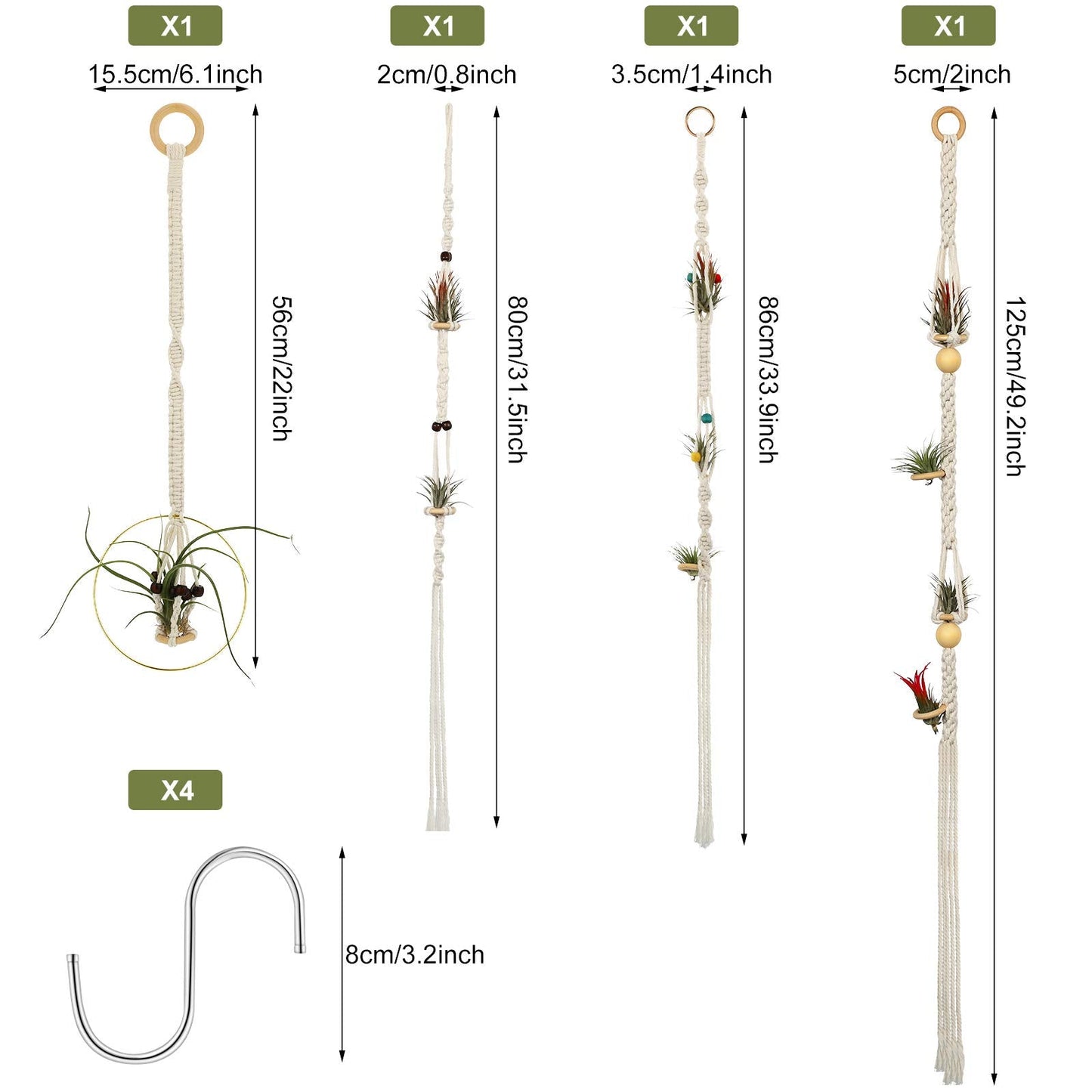 Tatuo 4 Pieces Hanging Air Plant Holders Boho Macrame Plant Hanger Fabric Woven Air Fern Display with 4 Pieces Hooks for Home Decoration Gift Idea