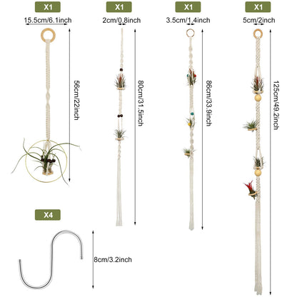 Tatuo 4 Pieces Hanging Air Plant Holders Boho Macrame Plant Hanger Fabric Woven Air Fern Display with 4 Pieces Hooks for Home Decoration Gift Idea