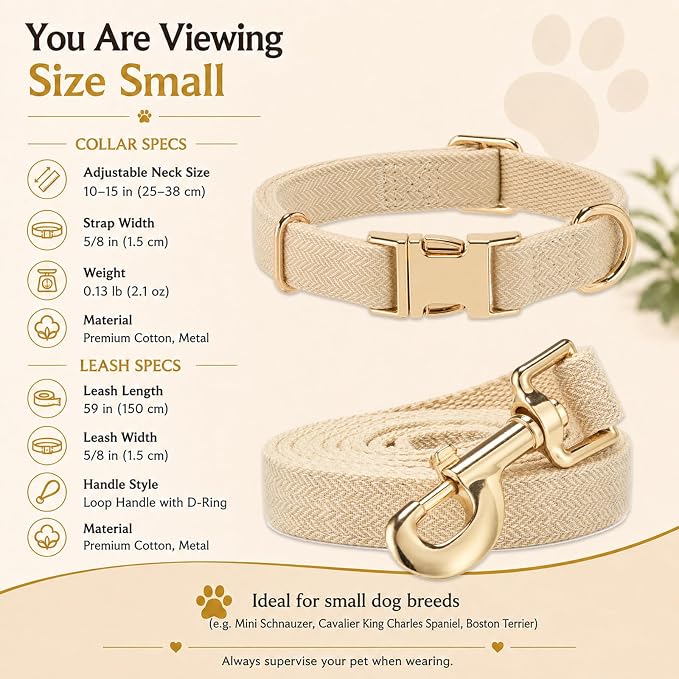 Herringbone Tweed Dog Collar and Leash Set for Small Dogs, Light Beige | Snag-free, no-rub design. Soft breathable cotton, gentle on fur. Adjustable durable matching combo for walks & outdoors.