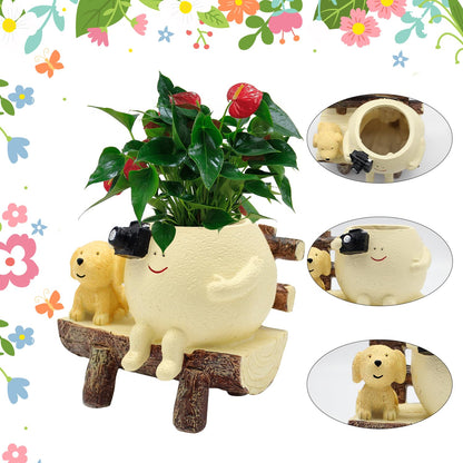 Tuenmofun Cute Funny Resin Bench Smiley Face Plant Pot Unique Head Succulent Planter for Indoor & Outdoor Flower