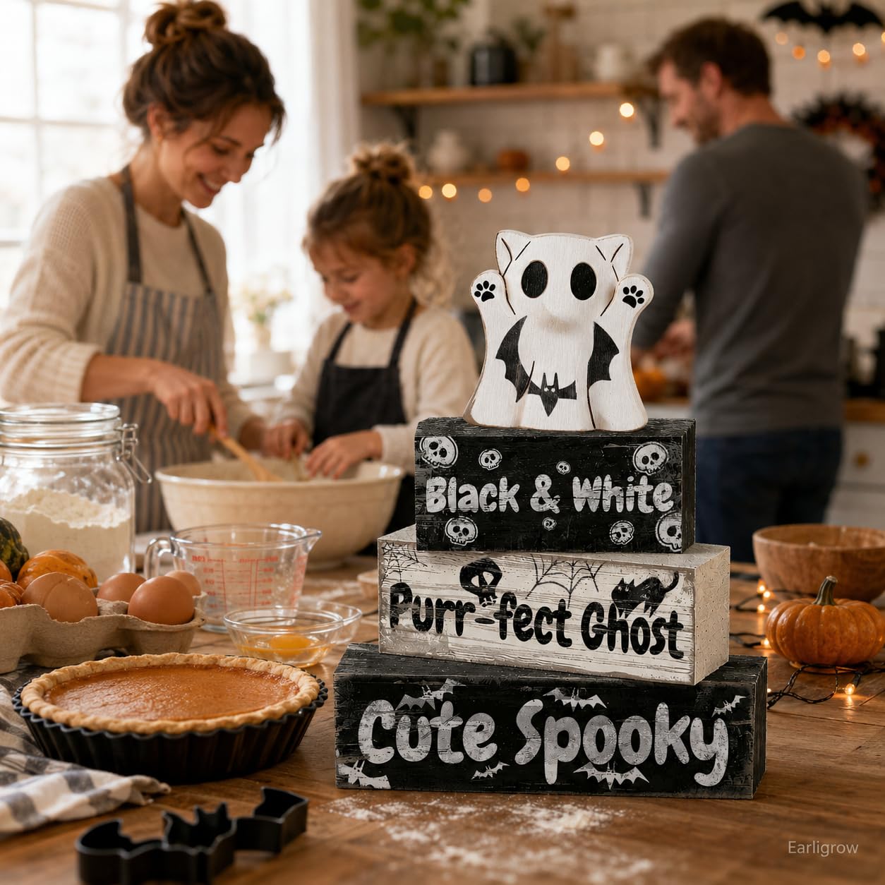 4 Pcs Ghost Cat Halloween Decor Black and White Halloween Tiered Tray Decorations Cute Spooky Rustic Wooden Blocks with Skull Bats Spider Webs Farmhouse Table Centerpiece for Home Office Desk Shelf Mantel Coffee Bar