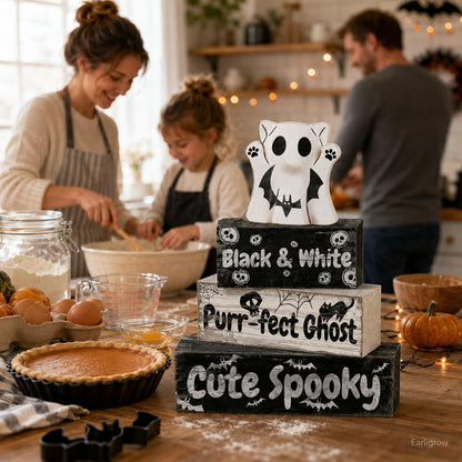 4 Pcs Ghost Cat Halloween Decor Black and White Halloween Tiered Tray Decorations Cute Spooky Rustic Wooden Blocks with Skull Bats Spider Webs Farmhouse Table Centerpiece for Home Office Desk Shelf Mantel Coffee Bar