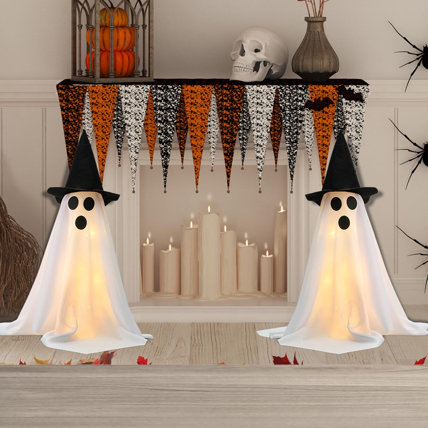 VioraWhite 2 Pack 18.8Inch Lighted Halloween Decoration Indoor Ghost Witch Hat with Lights Spooky Halloween Party Decoration Scary Glowing Ghost Kit for Mantel Shelf Table Fireplace Home Room Kitchen