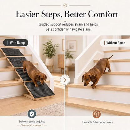 2 Pack Dog Ramp for Stairs - Solid Wood Adjustable & Foldable Pet Ramps, 3 Heights, Non-Slip Silicone Base & Traction Felt, 35lb Capacity, Indoor Stairs & Porch