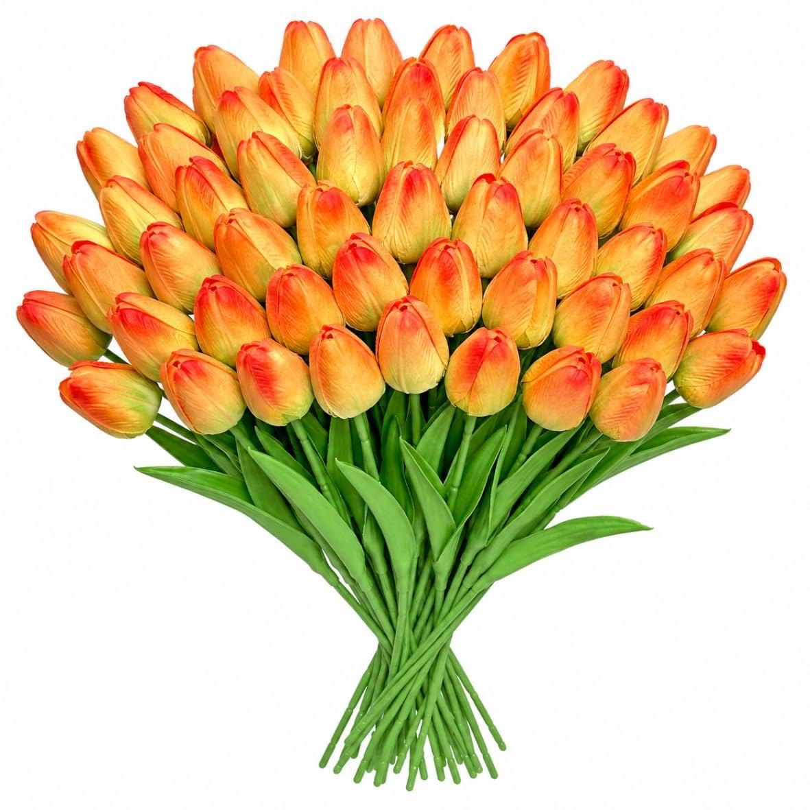 Livresse Orange Artificial Tulips for Vase, 48 Faux Tulip Flowers for Fall Centerpiece, Autumn Home Decor, Thanksgiving Table Arrangement & Rustic Farmhouse Decorations