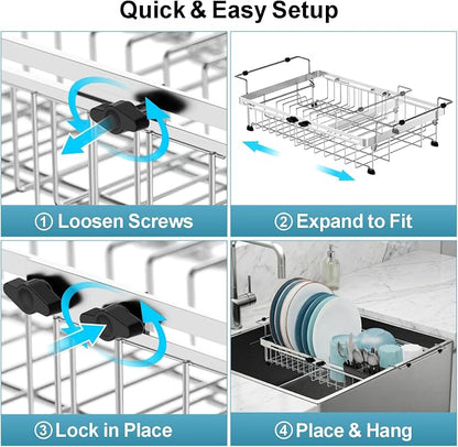 GSlife Over Sink Dish Drying Rack - Large Expandable Stainless Steel in Sink Dish Drainer with Square Corners, Rust Resistant with Lock Knob, Heavy Duty Fit for Modern Single & Double Sinks, Silver
