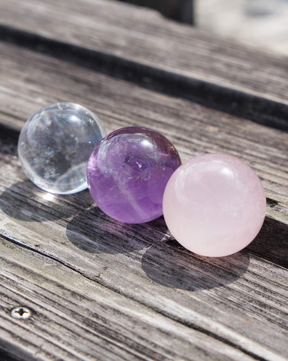 MIMOSA Crystal Spheres Set of 3,Amethyst/Rose Quartz/Clear Quartz