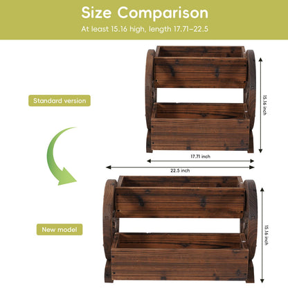 PUPATIOB Wooden Planter Box, 2-Tier Wagon Wheel Garden Planter with Wheels, Rustic Farmhouse Flower Cart Outdoor Decorative Vertical Raised Bed for Patio, Porch, Herbs & Succulents, Carbonized, Large
