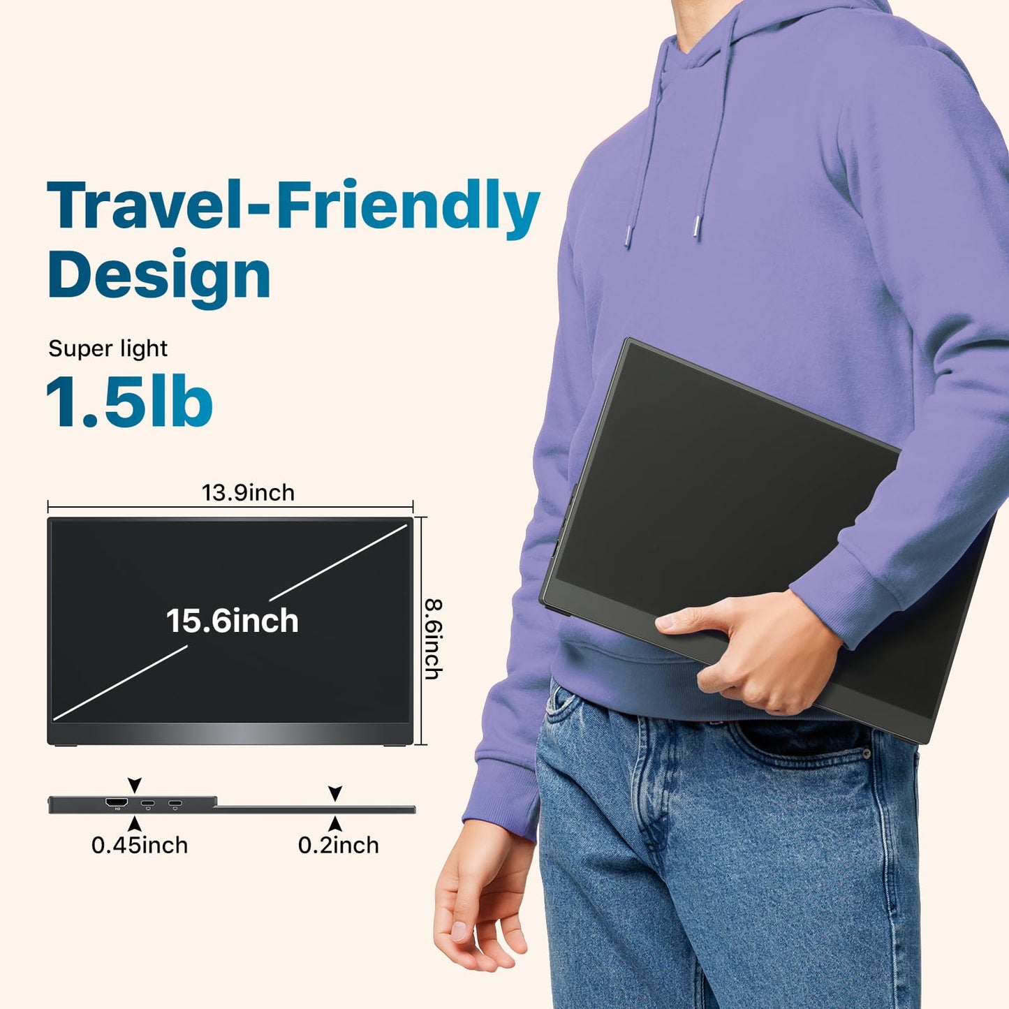 kksmart Portable Monitor for Laptop MacBook Surface PC Xbox PS5, Travel Monitor Second Screen for Laptop, HDMI USB-C VESA Compatible Built-in Speaker, 15.6inch