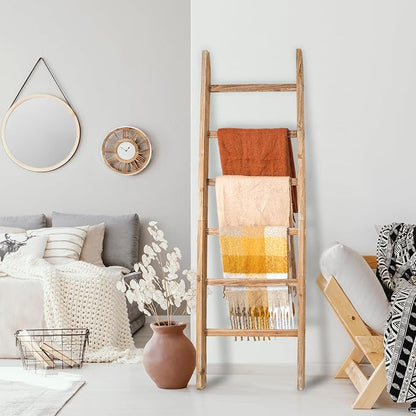 Blanket Ladder Shelf 6.4FT, 38 inch Wide Solid Wooden Blanket Ladder for Living Room, 6-Layer Farmhouse Rustic Quilt Rack for Living Room Bathroom