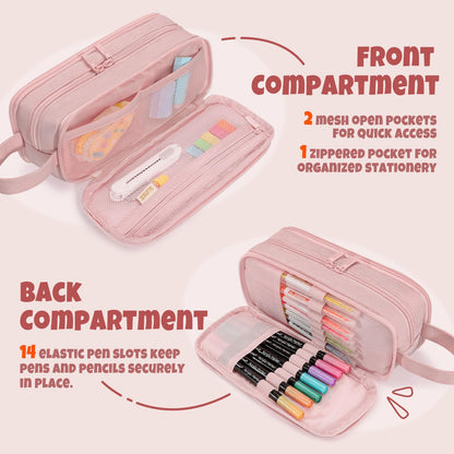 SUNEE Large Capacity Pencil Case with 3 Compartment, Extra Big Pencil Pouch, Pencil Bag with Zipper, Cute High Stationery Organizer, Oxford Pen Box School Supplies for Student Teen Girls Boys, Pink