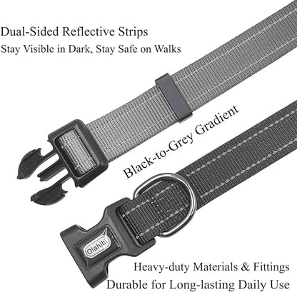 Dog Collar Leash Set, Gradient Color, with Safety Reflective Strips, 5 ft Matching Leash, Neoprene Padded Handle, Adjustable 4 Sizes for Small Medium Large Dogs.(S, Black Grey)