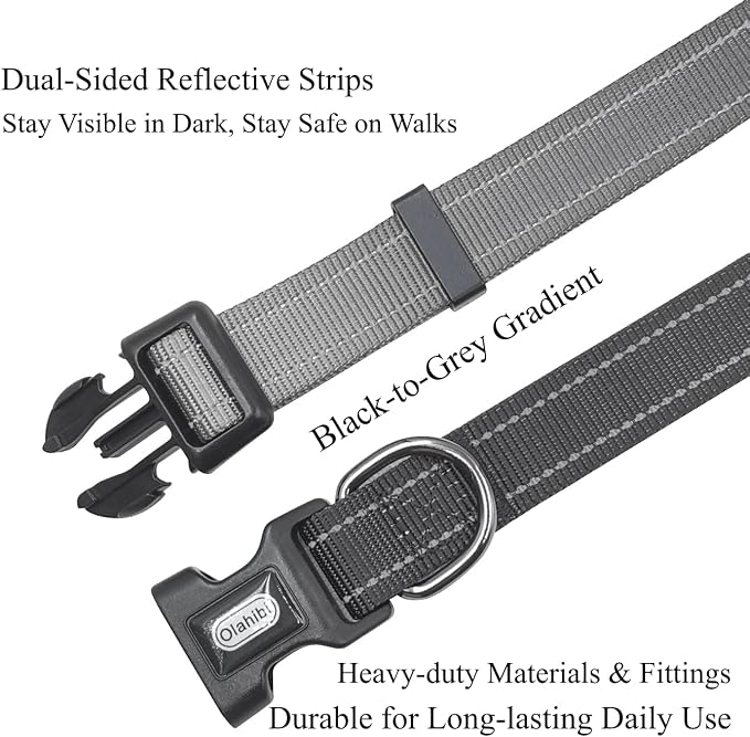 Dog Collar Leash Set, Gradient Color, with Safety Reflective Strips, 5 ft Matching Leash, Neoprene Padded Handle, Adjustable 4 Sizes for Small Medium Large Dogs.(XS, Black Grey)