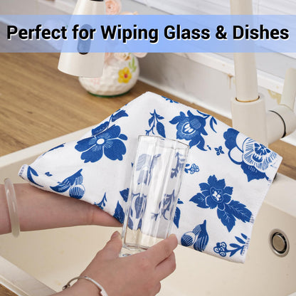 YUA Microfiber Cleaning Cloth 12 Pack,Microfiber Towels Cleaning,Microfiber Towels for Cars,Absorbent Dish Washing Cloth,Reusable Cleaning Cloths Lint Free (Blue Floral Deer)