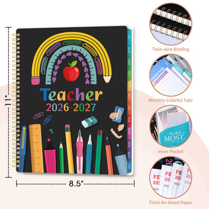 Teacher Planner 2026-2027 - Academic Planner Teacher Lesson Planner 2026-2027, July 2026 - June 2027, 8.5" x 11", Lesson Plan Book, Weekly & Monthly Lesson Calendar with with Colorful Laminated Tabs, Quotes, Inner Pocket