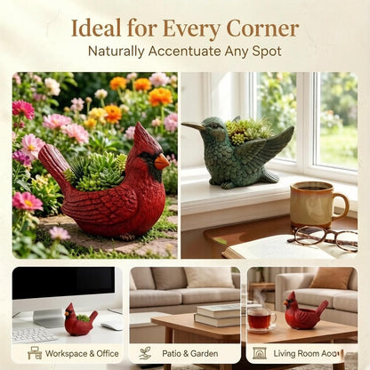 BoniIllusion 2026 Cardinal Bird Succulent Planter, Red Resin Hummingbird Succulent Pot with Drainage Hole, Nature-Inspired Decorative Flower Pot for Indoor Outdoor Garden Desk Decor (Hummingbird)