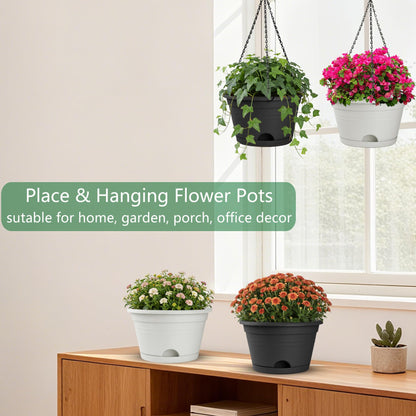 Nooulap 4 Pack Hanging Planters, 10 Inch Plant Pots with Hanger Chain & Drainage Trays, Hanging Baskets for Plants Outdoor Indoor, Flowers Pots for Home, Garden, Porch Decor (2 Grey + 2 Black)