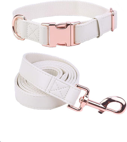 Dog Collar and Leash Set.Soft and Easy to Clean Vegan Leather with Rose Gold Metal Buckle for Small Medium Large Dogs (Off-White, L(15.4”-24.8“)