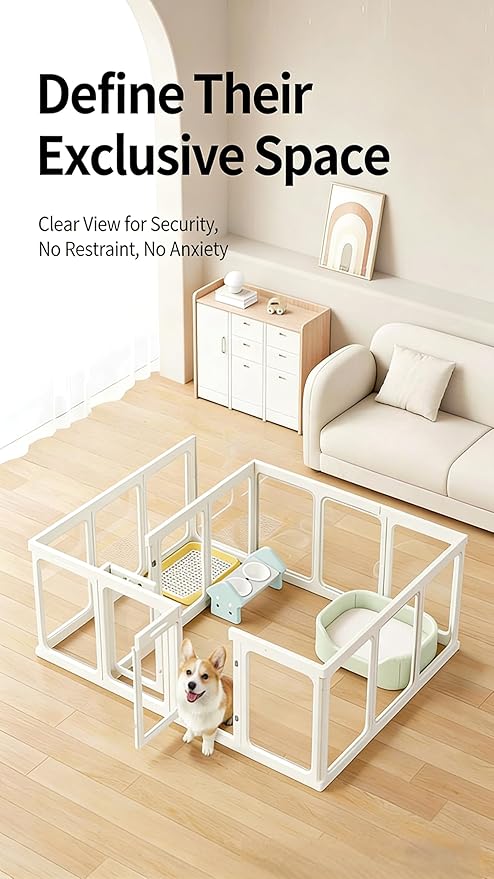 Clear Acrylic Dog Playpen with Door,23.6" Puppy Playpen,Easy Assemble Pet Fence,10-Panel for Puppies/Small Dog Play Pen Indoor (White, 23.6 Inch-H, 10 Panel) (White, 60cm10p+2D)