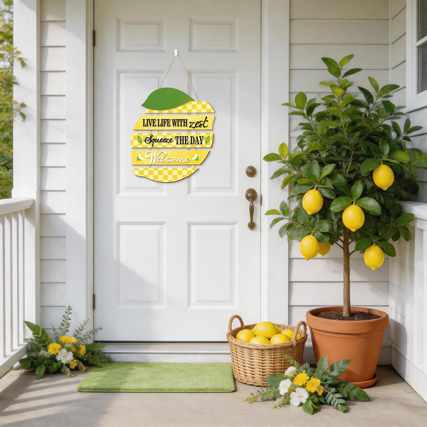 HOURIA Summer Lemon Welcome Front Door Sign Hanging(11.4"x11.5"), Checkered Lemon Wreath Rustic Wooden Wall Decor,Funny Welcome Decorations for Classroom Porch Home Kitchen,Housewarming Gift