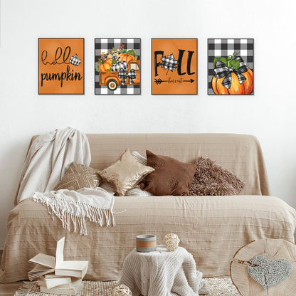 PLKMN Fall Wall Decor Set of 4, Thanksgiving Buffalo Check Pumpkin Truck Orange Decor, Fall Pictures Wall Art Prints 8x10 for Home Gallery Bedroom (Unframed)
