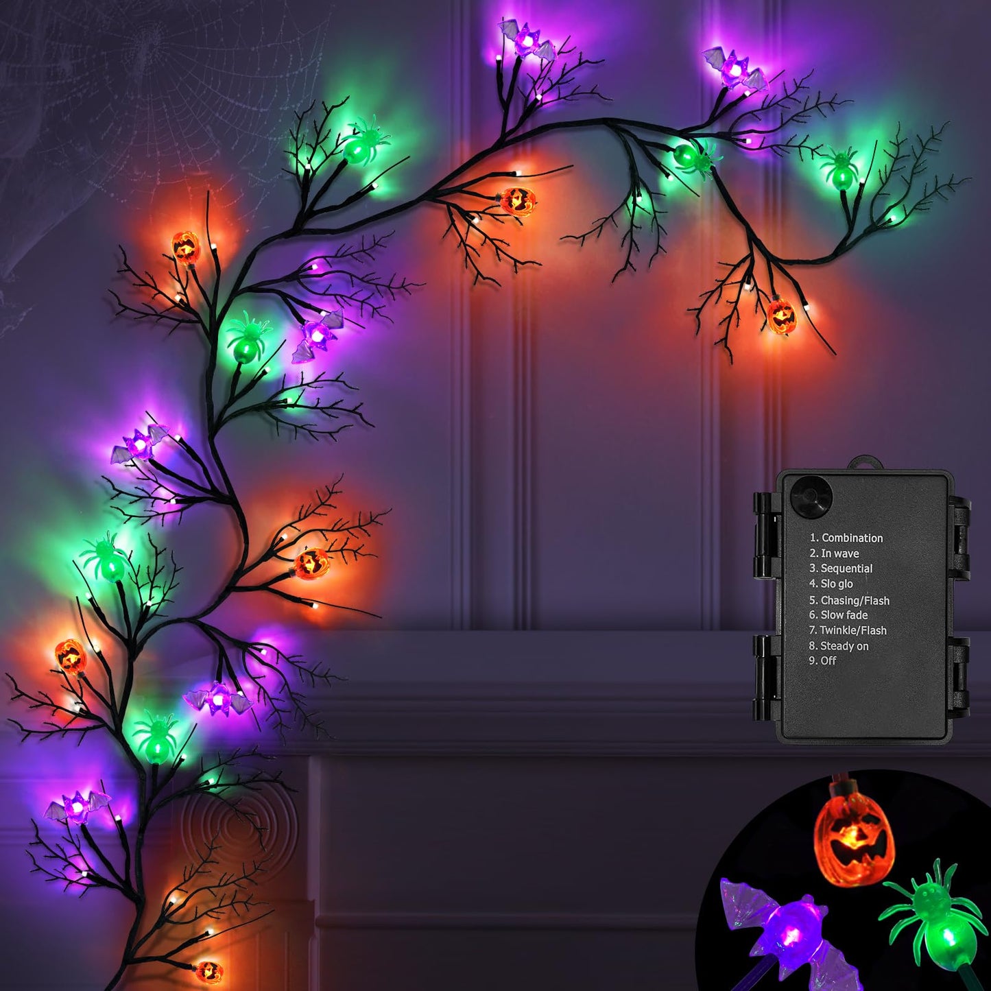 SURCVIO [ 8 Modes & Timer ] 6 Ft 54 LED Halloween Willow Vine Twig Decor Garland with 6 Bats & Pumpkins & Spiders Lights Waterproof Battery Operated Halloween Decorations Home Wall Fireplace Decor