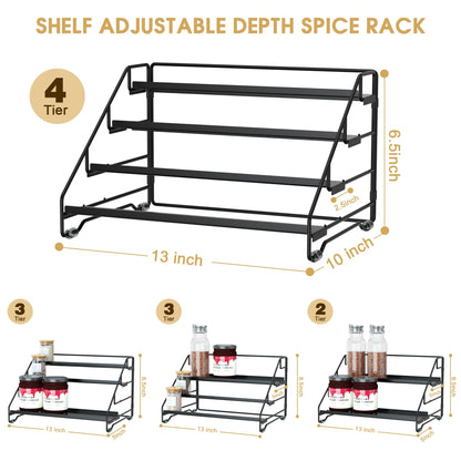 Jolitac 4-Tier Spice Rack Organizer, Depth Adjustable Step Shelf, Metal Spice Rack Perfect for Cabinet, Countertop & Pantry Storage | Enhances Kitchen Visibility and Organization | 1 Pack