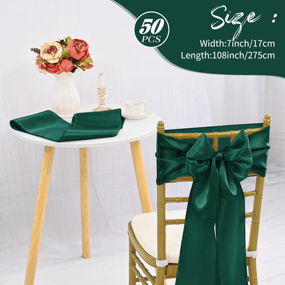 LOKUME Satin Chair Sashes - Dark Green Ribbon Ties for Wedding, Birthday, Banquet & Event Decoration (50 PCS, 7 x 108 Inch)