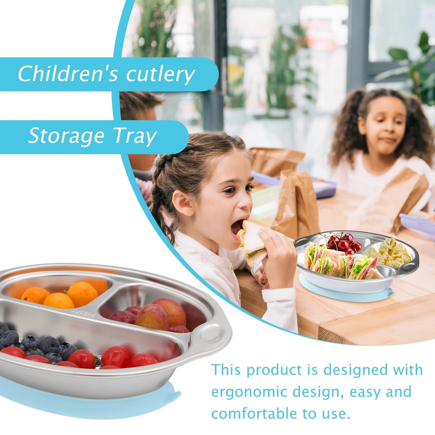 Mrs. Chou® BPA-Free 100% Food-Grade Stainless Steel Baby Plates with Suction Divided Designed for Babies and Toddlers, Ideal for Kids Infant Baby-Led Weaning Toddler Feeding Supplies Dishwasher Safe