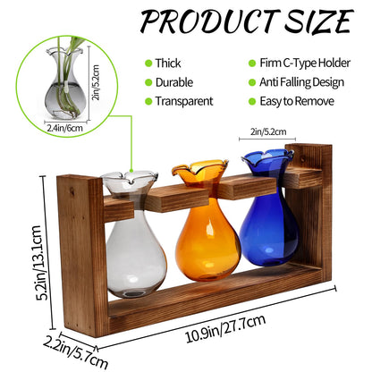 Plant Propagation Station Plant Terrarium Unique Birthday Gifts for Women Home Office Decor Planter with Wooden Stand - 3 Bulb Glass Vase
