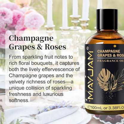 Champagne Grapes & Roses Fragrance Oil, MAYJAM 3.38FL.OZ Essential Oils for Diffusers for Home, Long Lasting Scented Oils for Soap Candle Making - 100ML