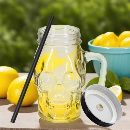 Skull Mason Jars with Handle, 16 Oz Glass Beer Mugs Gothic Wide Mouth Tumbler Cup with Straws and Lids, Novelty Pub Bar Mug Halloween Drinking Glasses for Beverage, Liquor, Mix Cocktail (2, Clear)