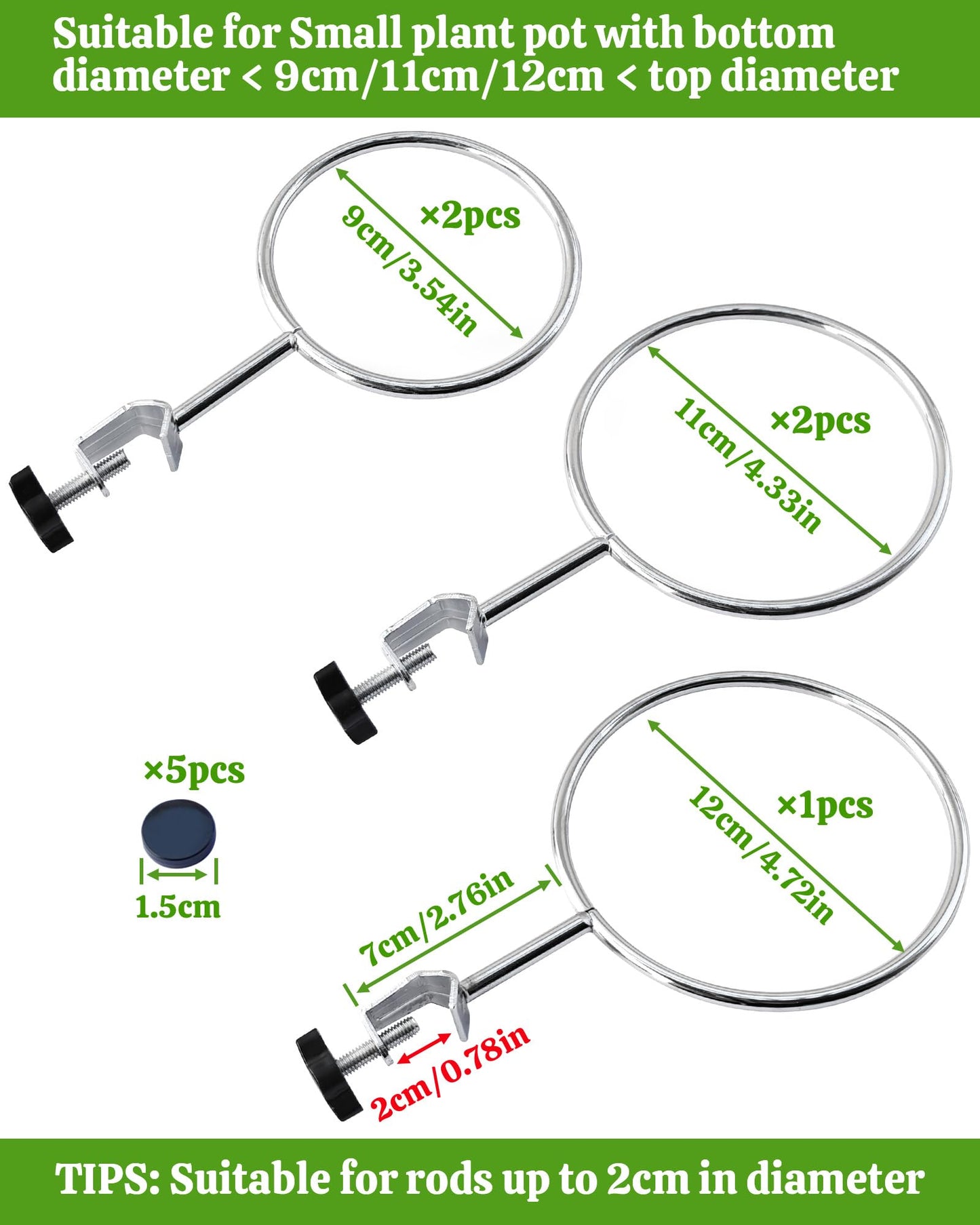 Adjustable Plant Shelf for Plant Stands - 5 Pack Flower Stand for Lamp Post, Plant Stands, Balcony Rail, Metal Plant Stand Indoor Outdoor Fits Poles Under 2cm in Diameter (Plant Holder 9/11/12cm)