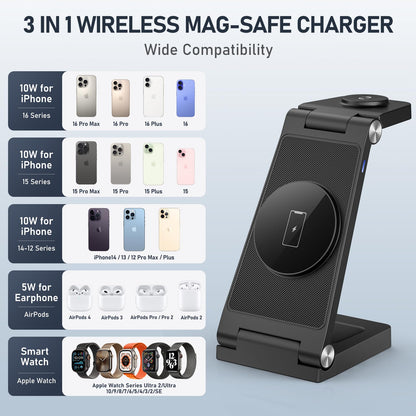 GEJIUCAI Magnetic Wireless Charger Stand, 3 in 1 Foldable Wireless Charging Station, Travel Charger for Multiple Devices for iPhone 16 15 14 13 12 Series, Apple Watch Ultra/9/8/7/6/5/4/3/2, AirPods