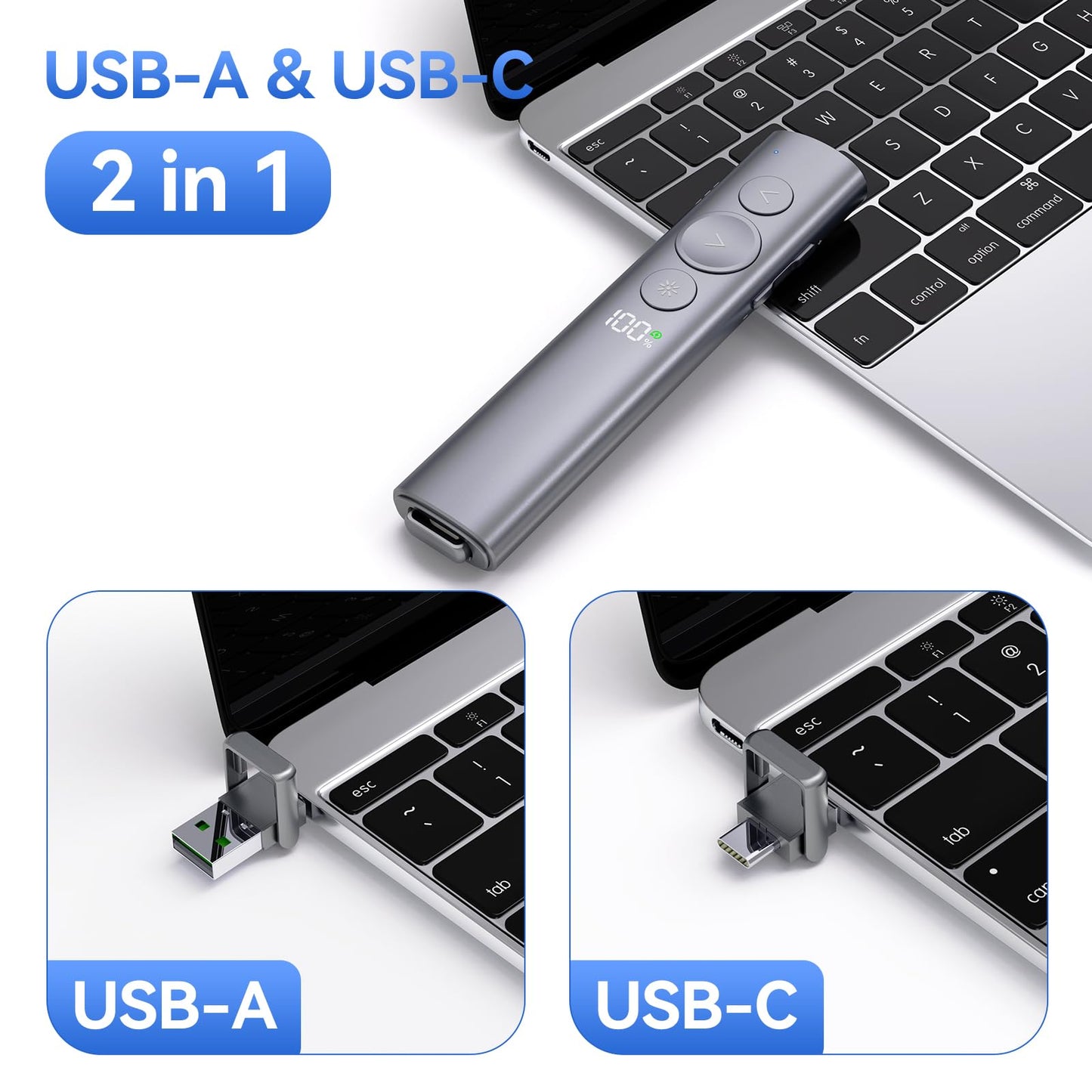 Rechargeable Presentation Clicker with Red Laser Pointer for PowerPoint, Power Display Wireless Presenter Remote with USB-A & USB-C Dongle, Slide Advancer for Mac, Windows, Laptop, Classroom, Office