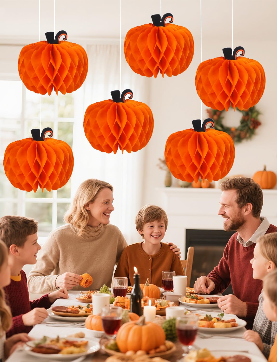 12 Pcs Fall Pumpkin Honeycomb Paper Decorations, Thanksgiving Pumpkins Table Centerpieces Hanging Pumpkin Honeycomb Tissue Balls for Halloween Thanksgiving Harvest Party Decor