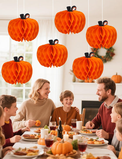 12 Pcs Fall Pumpkin Honeycomb Paper Decorations, Thanksgiving Pumpkins Table Centerpieces Hanging Pumpkin Honeycomb Tissue Balls for Halloween Thanksgiving Harvest Party Decor