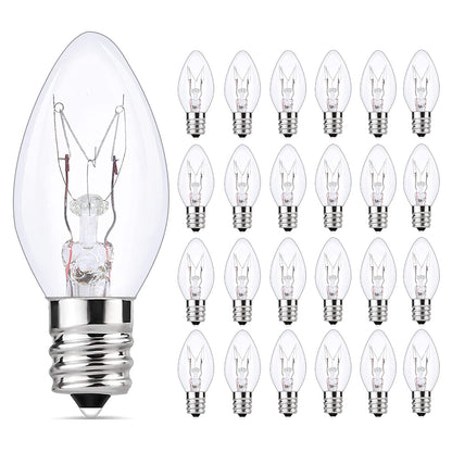 SUNSGNE 25 Pack Clear Replacement Bulbs Night Light Bulbs, C7 Clear Christmas Incandescent Light Bulbs for Night Light Salt Lamp Outdoor Patio String Light, E12/C7 Candelabra Base, 120 Volt, 5 Watt