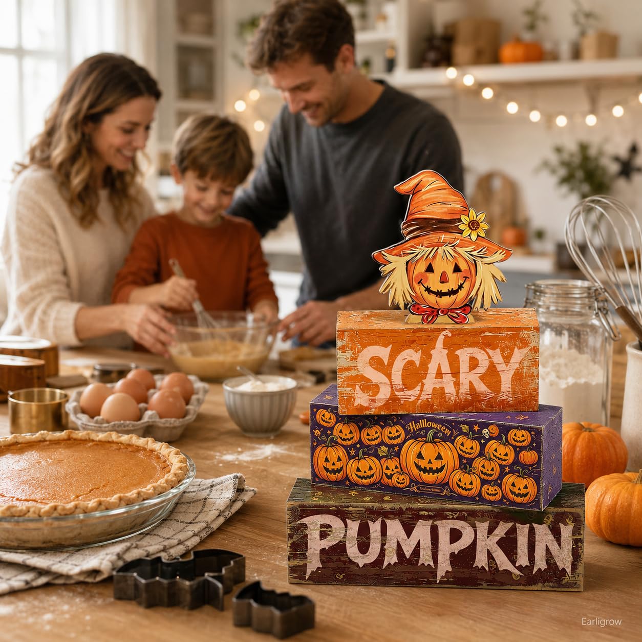 4 Pcs Halloween Table Decor Wooden Scarecrow Tiered Tray Decorations Rustic Farmhouse Tabletop Centerpiece Scary Pumpkin Wood Block Signs for Home Kitchen Shelf Mantel Office Desk