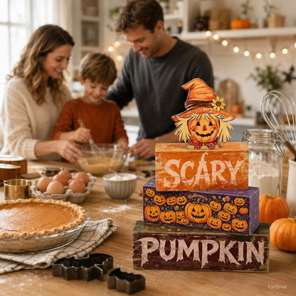 4 Pcs Halloween Table Decor Wooden Scarecrow Tiered Tray Decorations Rustic Farmhouse Tabletop Centerpiece Scary Pumpkin Wood Block Signs for Home Kitchen Shelf Mantel Office Desk
