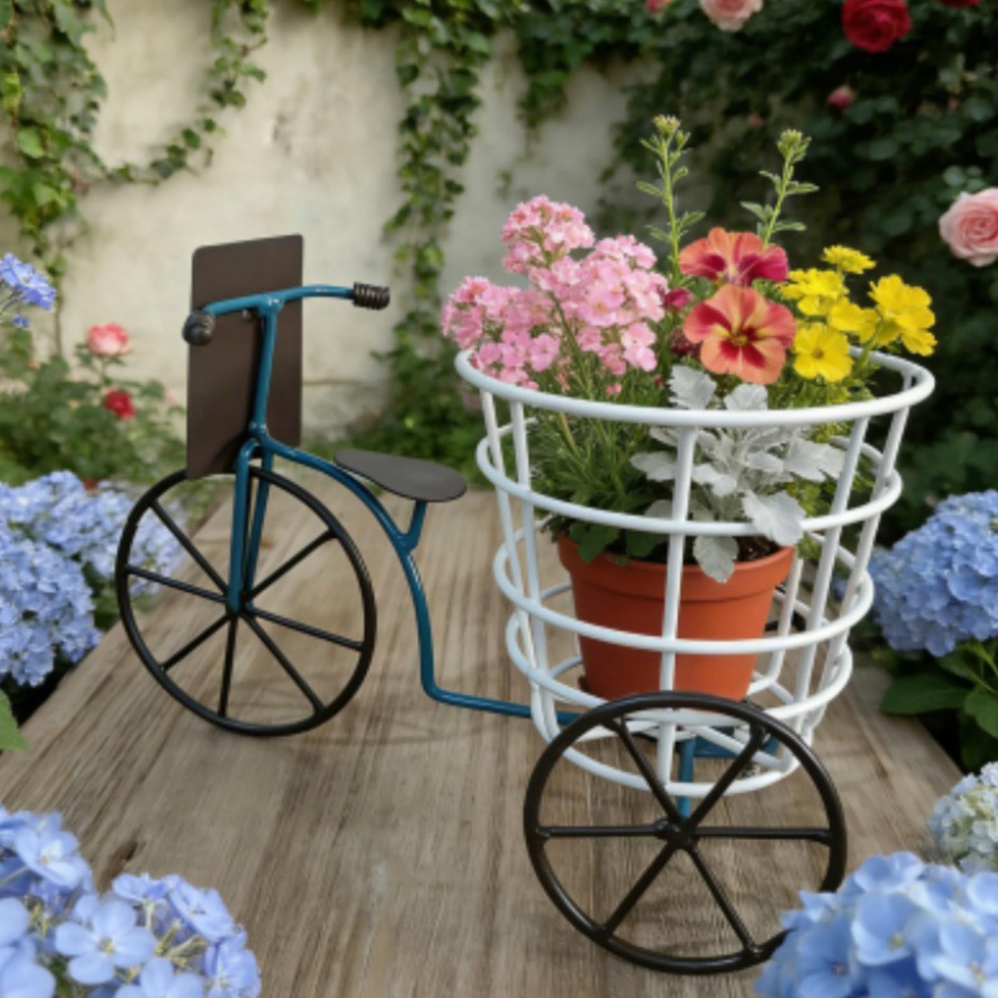 Psdndeww Metal Three Wheel Flower Pots Holder Container for Plant with Drainage Sturdy Construction Easy to Assemble and Maintain Beautiful Iron Tricycle Flower Pots Holder Container