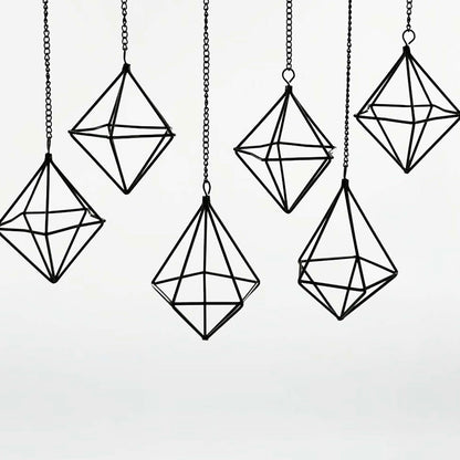PUDAPU Clearance 6 Pack Hanging Metal Air Plant Holders with Chain, Black Geometric Tillandsia Air Plant Hanger Cages, 2 Styles Mini Iron Air Plants Live Holders for Home Office Garden Decor