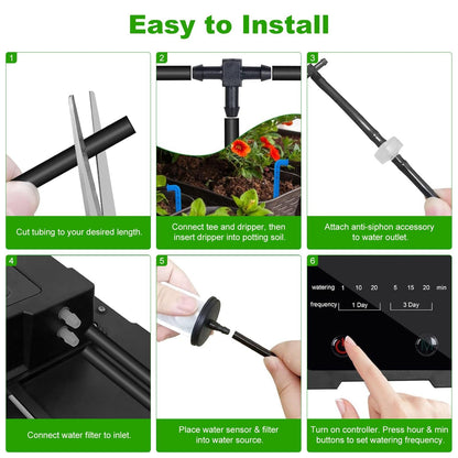 Solar Automatic Drip Irrigation Kit System, 50FT Solar Powered Auto Easy DIY Watering Device Supported Pots Plants, 6 Timing Modes with Anti-Siphoning Device