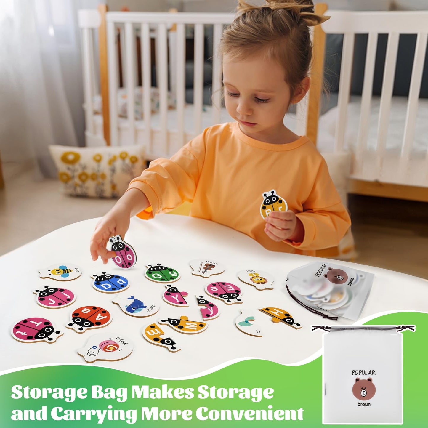 GAKICO Ladybug Self Correcting Alphabet Puzzle: Letter Matching Games for Toddlers 3-5, 52pcs Double-Sided Montessori ABC Puzzles Cards Preschool Learning Activities Educational Toy Gift for Kids