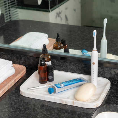 Karibiber Marble Vanity Tray, Marble Bathroom Tray Countertop, Decorative Trays for Dresser Organizer, White Stone Storage Serving Trays for Kitchen, Perfume, Jewelry Cathall Holder, Unique Veining