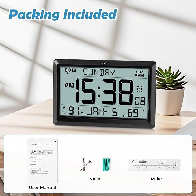 Amgico Digital Wall Clock,10.5" Large Display Atomic Clock,Battery Operated,Digital Calendar Auto Setting with Indoor Temperature,Humidity,Date,Day,Auto DST for Elderly Bedroom Classroom,No Backlight