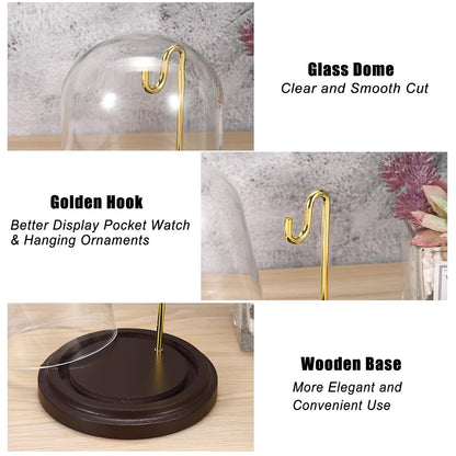 JUXYES 2 Pack Clear Watch Glass Display Dome Cloche With Hook, Dome Cloche with Hook with Wooden Base, Glass Dome Cloche Bell Terrarium Jar Cloche Bell Jar Display for Watch Ornaments